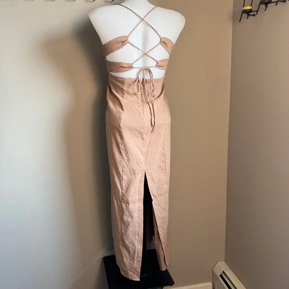Zara Lattice Tie Back Linen Blend Midi Dress Beige/Tan Medium High Slit Cocktail - Picture 3 of 16